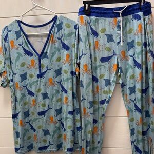 Little Sleepies Light Blue Ocean Animal Pajama Set with Navy Trim